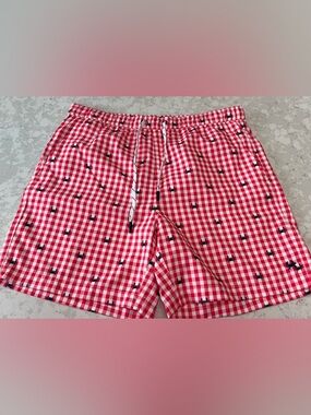Men's Red Gingham Swim Trunks with Crab Print